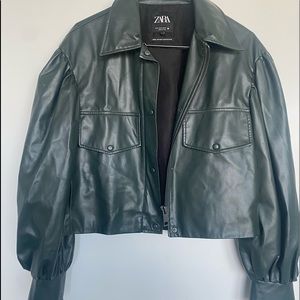 Zara Emerald Cropped Bell-Sleeve Faux Leather Jacket